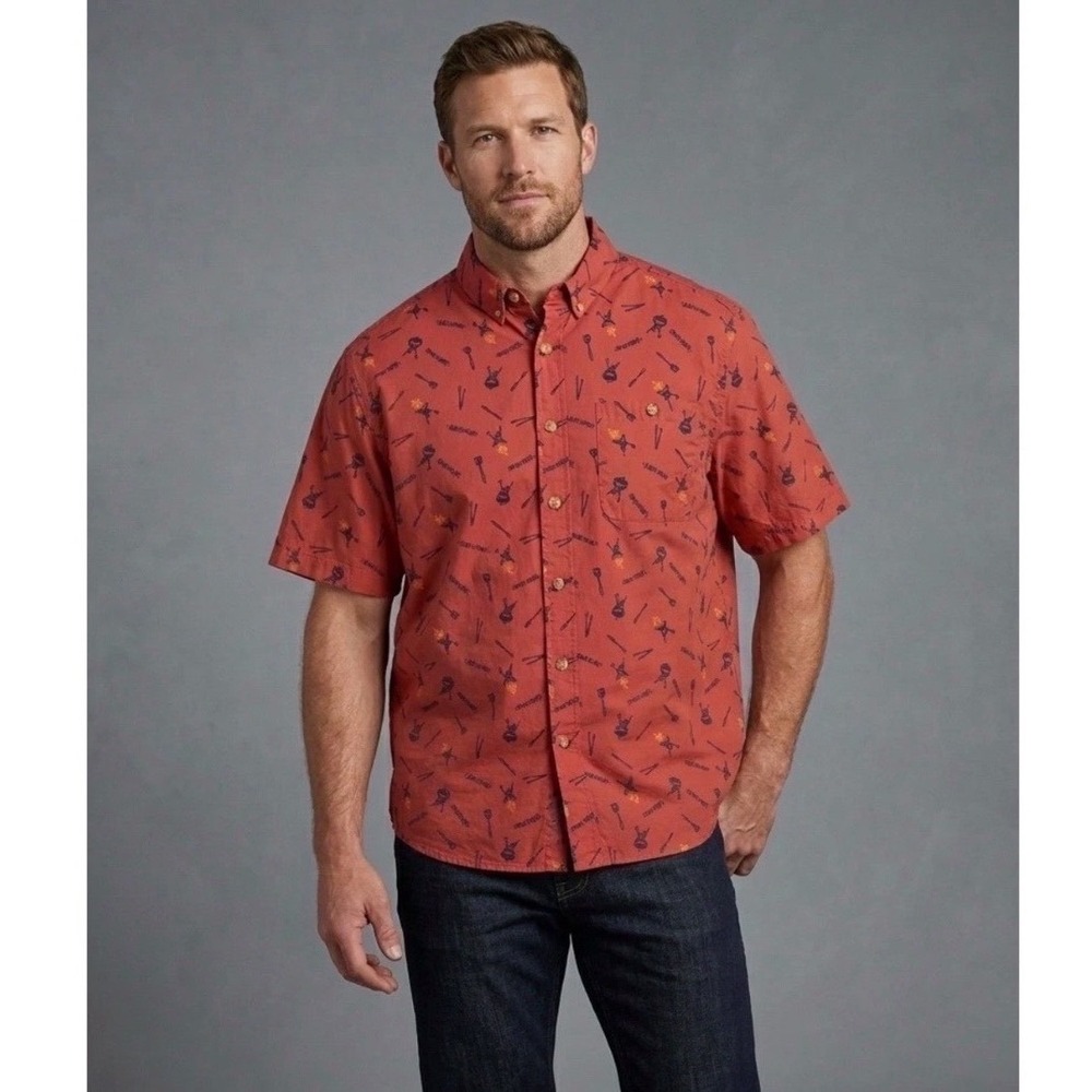 Duluth Trading Co‎ Mens Large BBQ Grill Print Shirt Relaxed Fit Red Short Sleeve